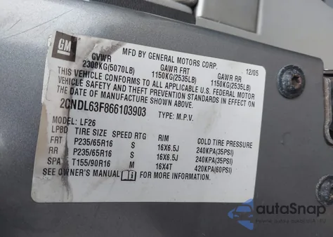 2006 Chevrolet Equinox Lt из США, поврежденный, VIN 2CNDL63F866103903